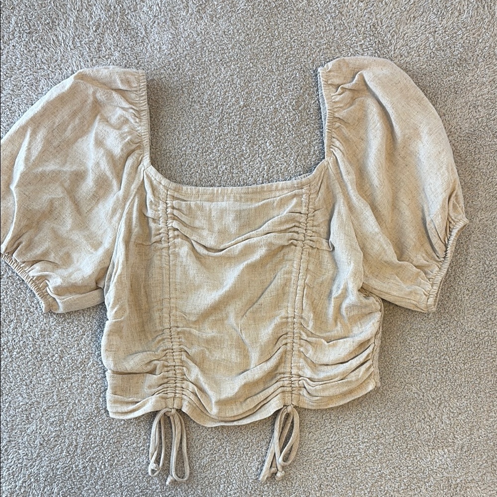 Wild Fable Tan Ruched Crop Blouse with Tie Front